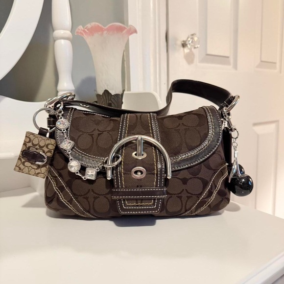 Coach Handbags - Coach Dark Brown Signature Canvas Shoulder Bag with Silver Hardware